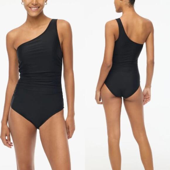 JCrew Factory Womens One-Shoulder Ruched One-Piece Swimsuit BR552 Black Sz L NWT - Picture 1 of 4